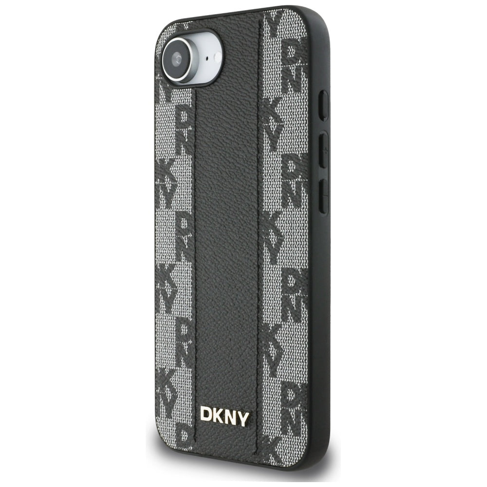DKNY iPhone 16e - Leather Checkered Mono Pattern MagSafe Σκληρή Θήκη με Επένδυση Συνθετικού Δέρματος - Black