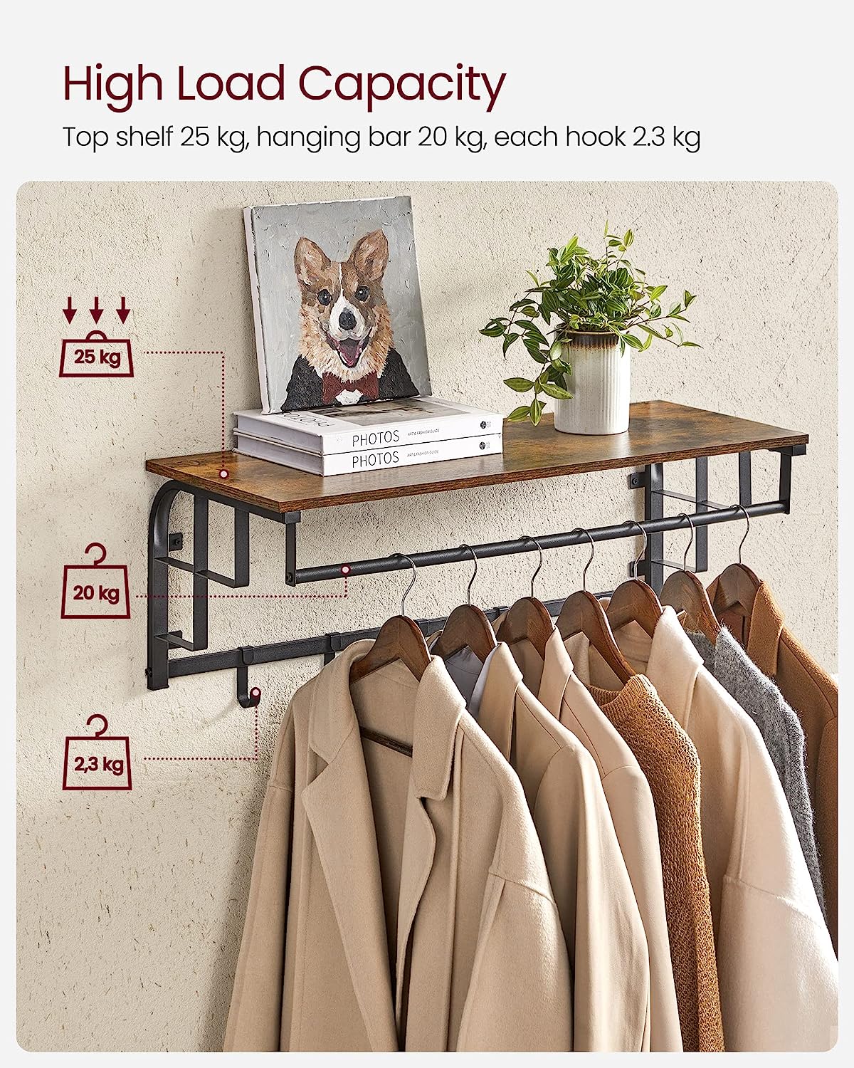 Vasagle Επιτοίχια Κρεμάστρα με Ράβδο και με 5 Αφαιρούμενους Γάντζους - ‎30 x 80 x 27cm - Rustic Brown / Black - LCR102B01