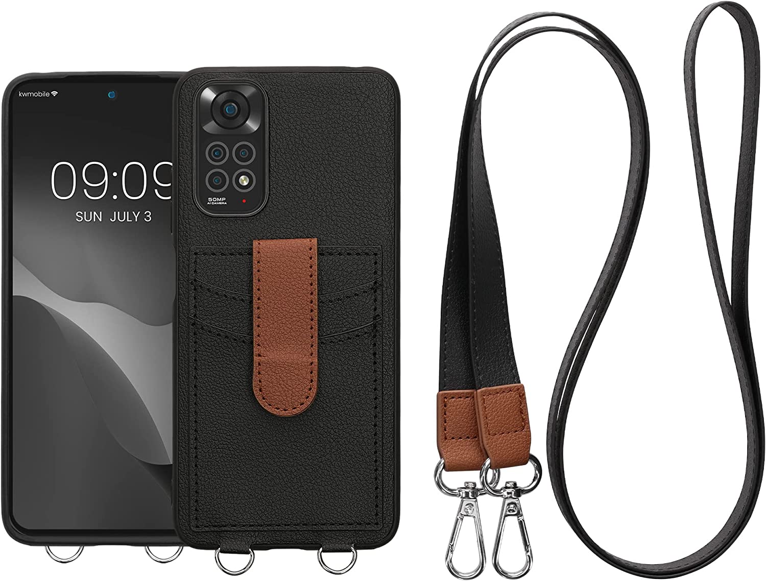 KW Xiaomi Redmi Note 11 / Redmi Note 11S Θήκη με Επένδυση Συνθετικού Δέρματος με Υποδοχές για Κάρτα και Λουράκι - Black - 59750.01