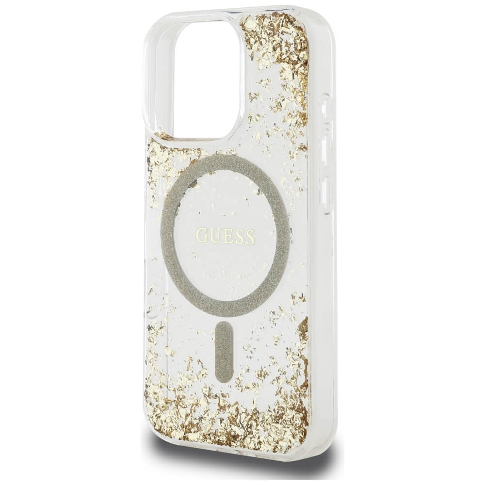 Guess iPhone 16 Pro - HC Resin Bottom Glitter - MagSafe Σκληρή Θήκη με Πλαίσιο Σιλικόνης - Gold - GUHMP16LRGRGED