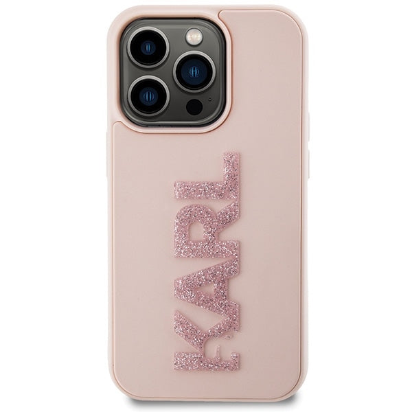 Karl Lagerfeld iPhone 15 Pro Max - 3D Rubber Glitter Logo Σκληρή Θήκη με Πλαίσιο Σιλικόνης - Pink - KLHCP15X3DMBKCP