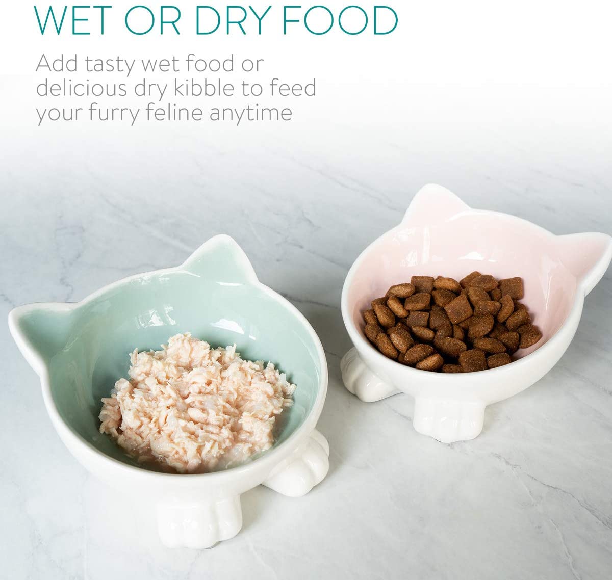 Navaris Cat Bowls with Ears Set of 2 - Σετ με 2 Μπολ Φαγητού και Νερού 130ml σε Σχήμα Γάτας - Pink / Green - 50736.02