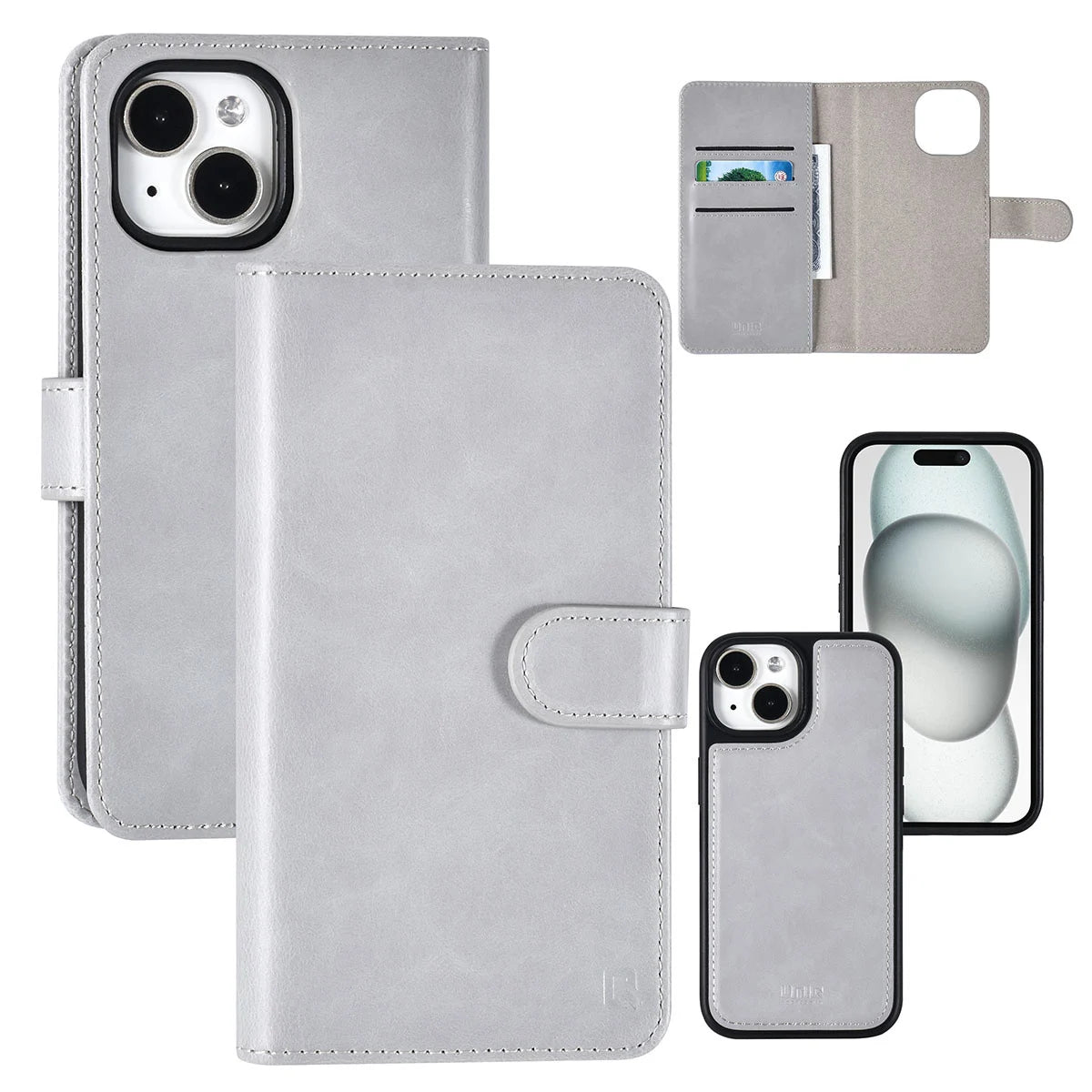 Tuniq iPhone 15 - 2 σε 1 - Θήκη Πορτοφόλι από Δερματίνη με Αποσπώμενη Θήκη - Γκρι