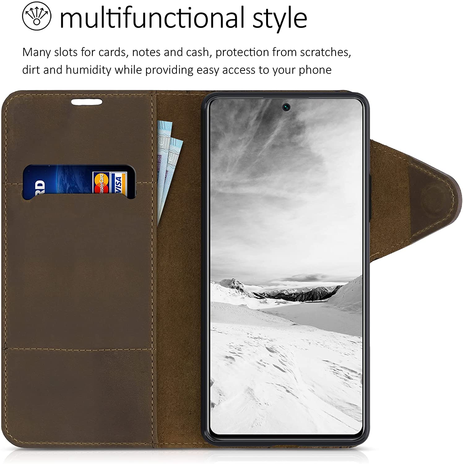 Kalibri Xiaomi 11T / 11T Pro Θήκη Πορτοφόλι Stand από Γνήσιο Δέρμα - Design Navigational Compass - Brown - 56315.01