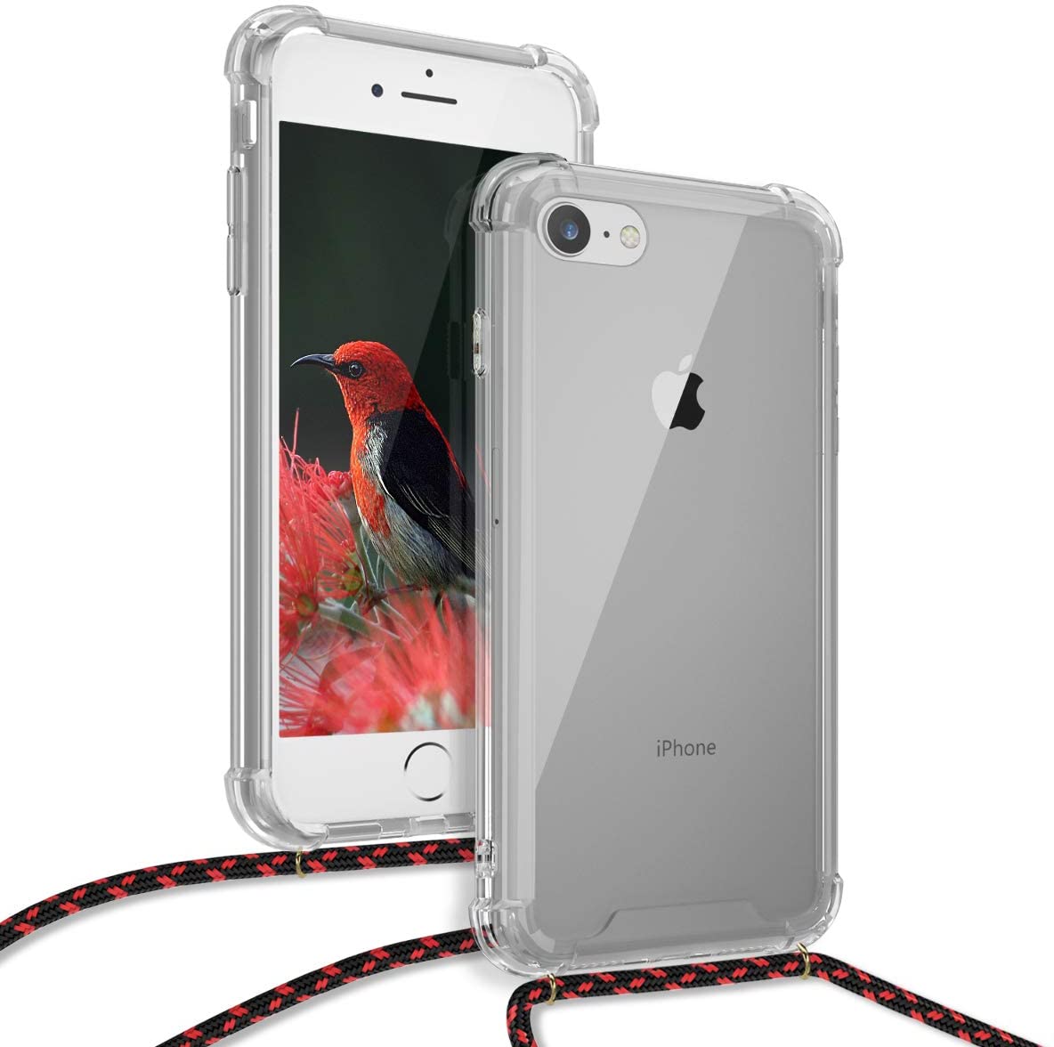 KW iPhone SE 2022 / SE 2020 / 7 / 8 Θήκη Σιλικόνης TPU με Λουράκι - Διάφανη / Black / Red - 47247.09