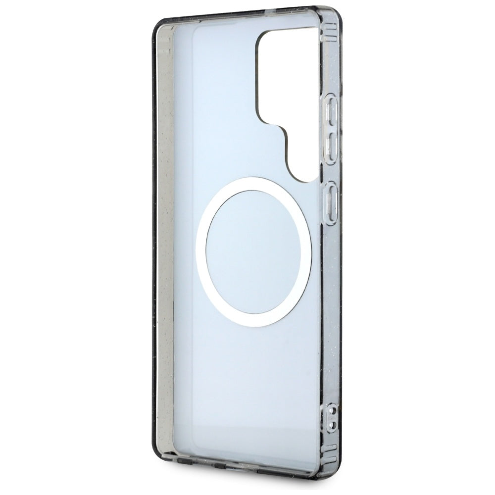 Guess Samsung Galaxy S25 Ultra - Glitter Flowers Triangle Buttons MagSafe - Σκληρή Θήκη με Πλαίσιο Σιλικόνης - Black - GUHMS25LHFLPEDK