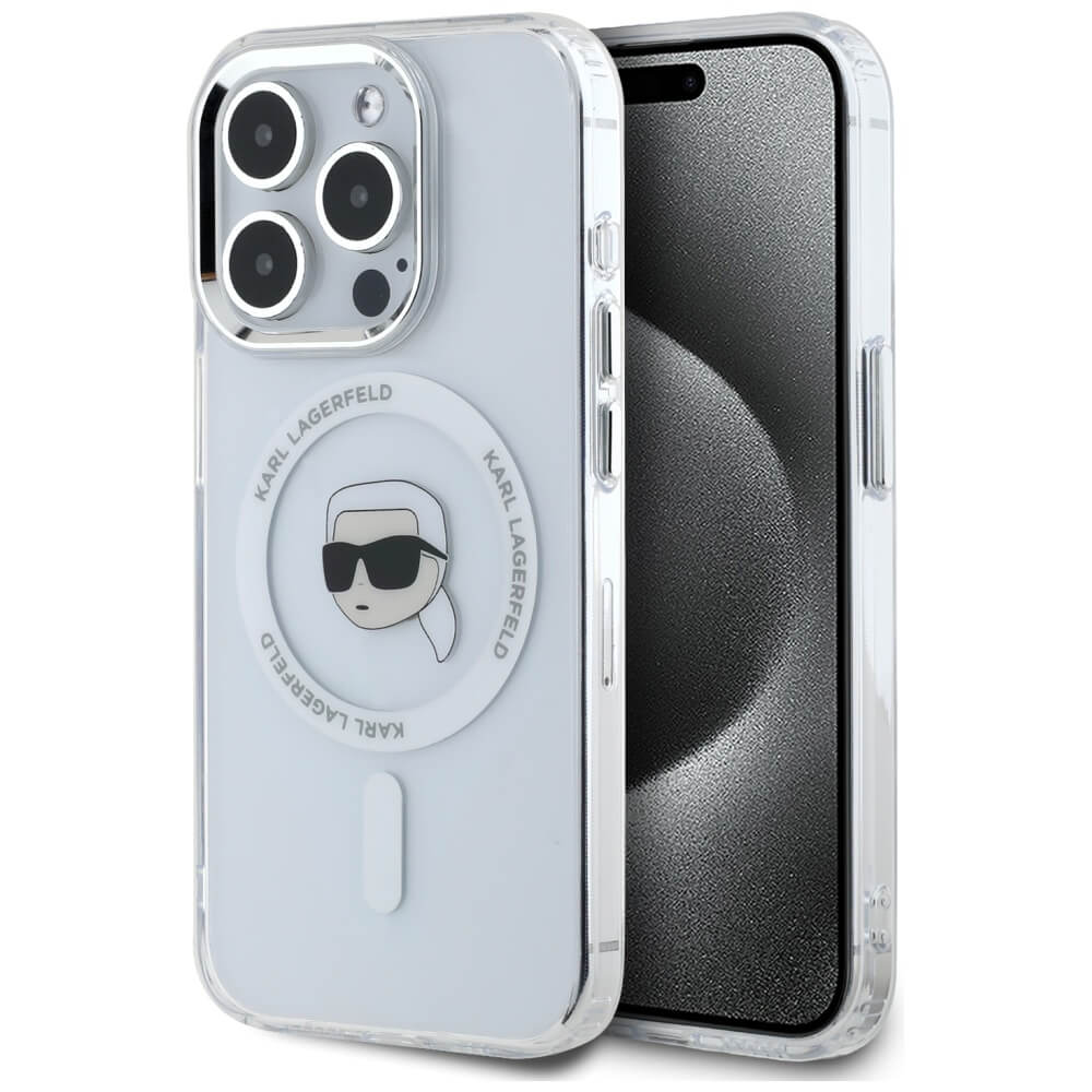 Karl Lagerfeld iPhone 15 Pro - IML Metal Karl Head - MagSafe Σκληρή Θήκη με Πλαίσιο Σιλικόνης - White - KLHMP15LHLSKIH
