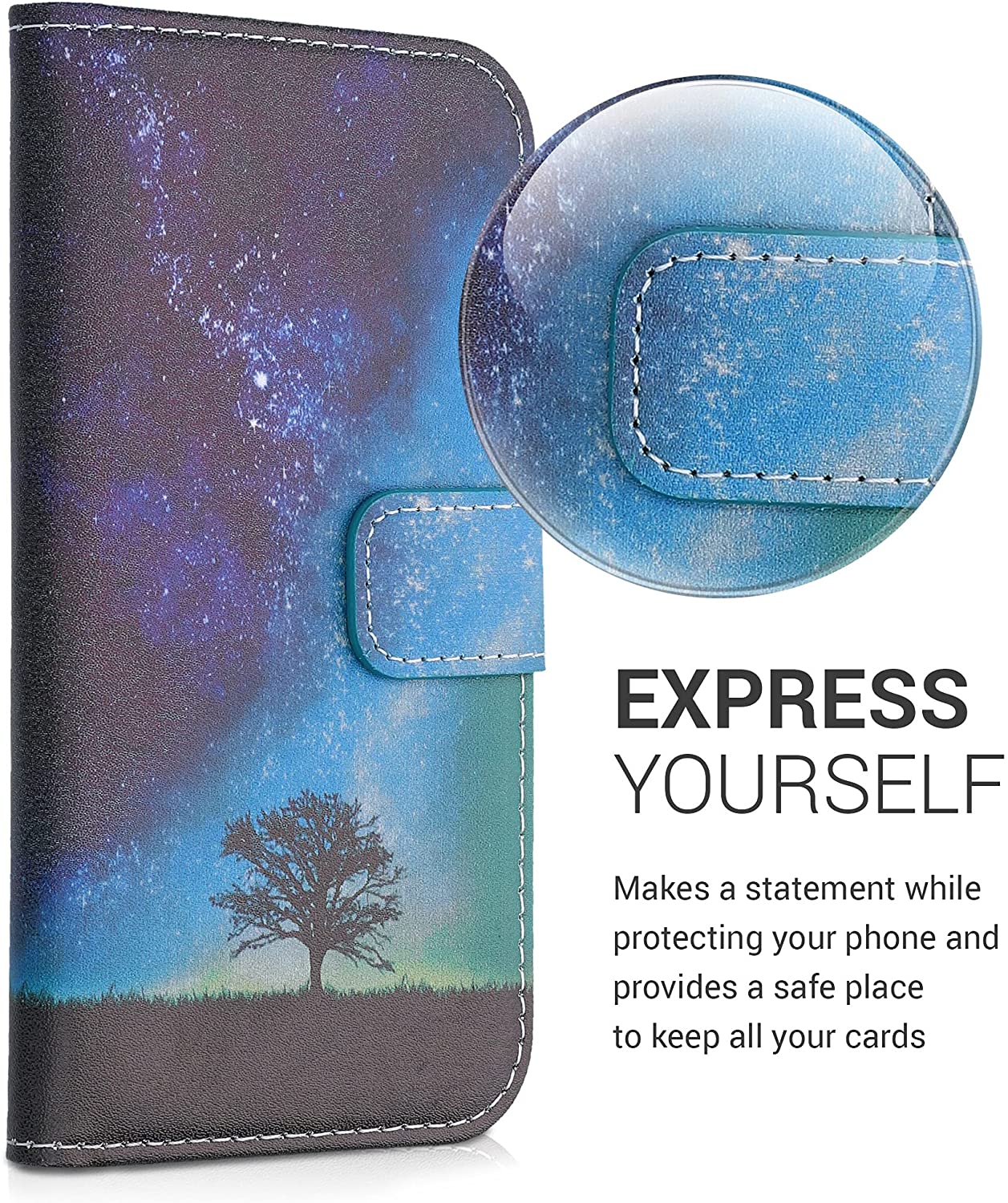 KW iPhone 12 / iPhone 12 Pro Θήκη Πορτοφόλι Stand - Design Cosmic Nature - Blue / Grey / Black - 55803.02