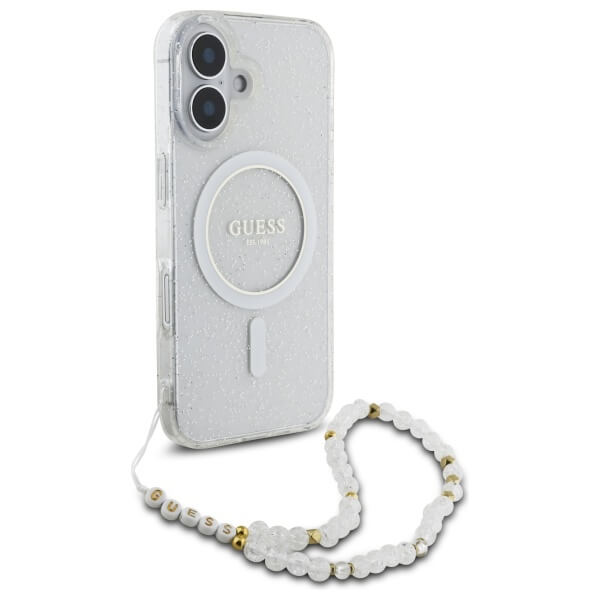 Guess iPhone 16 - IML Glitter With Pearl Strap MagSafe - Σκληρή Θήκη με Πλαίσιο Σιλικόνης και Λουράκι - Διάφανη - GUHMP16SHGCRELST