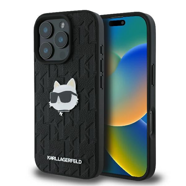 Karl Lagerfeld iPhone 16 Pro - Monogram Choupette Head Pin Σκληρή Θήκη με Επένδυση Συνθετικού Δέρματος - Black - KLHCP16LPGKLCHPK