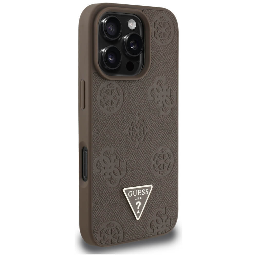 Guess iPhone 16 Pro Max - Grained Hot Stamp Peony Triangle Logo - MagSafe Σκληρή Θήκη με Επένδυση Συνθετικού Δέρματος - Brown - GUHMP16XPGBTMW