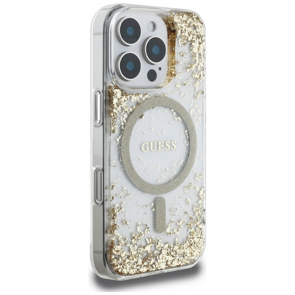 Guess iPhone 16 Pro - HC Resin Bottom Glitter - MagSafe Σκληρή Θήκη με Πλαίσιο Σιλικόνης - Gold - GUHMP16LRGRGED