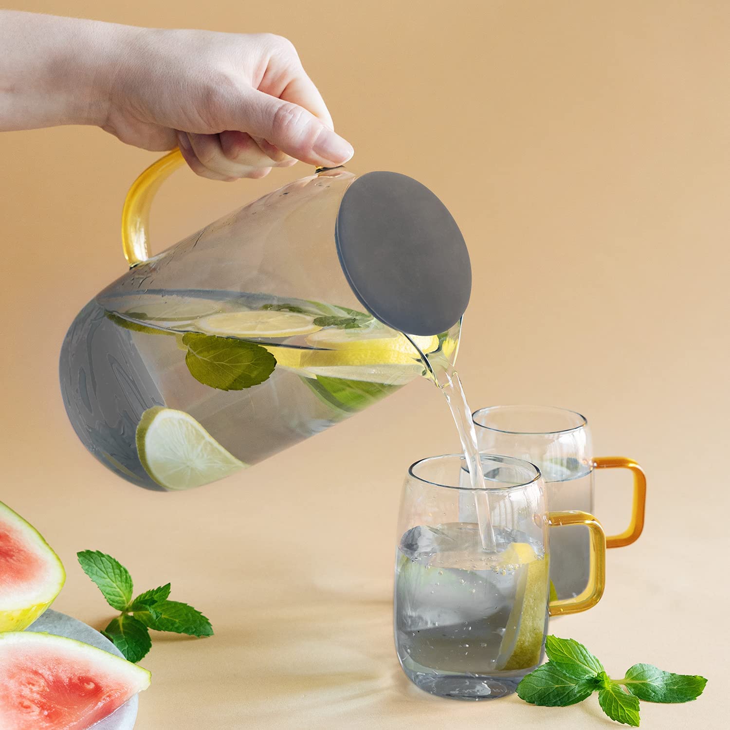 Navaris Γυάλινη Κανάτα Νερού με Καπάκι Σιλικόνης και 4 Ποτήρια - 1,55L - Grey / Διάφανη - 51066.22.05