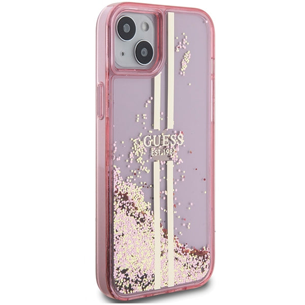 Guess iPhone 15 Plus Liquid Glitter Gold Stripes Σκληρή Θήκη με Πλαίσιο Σιλικόνης - Pink - GUHCP15MLFCSEGP