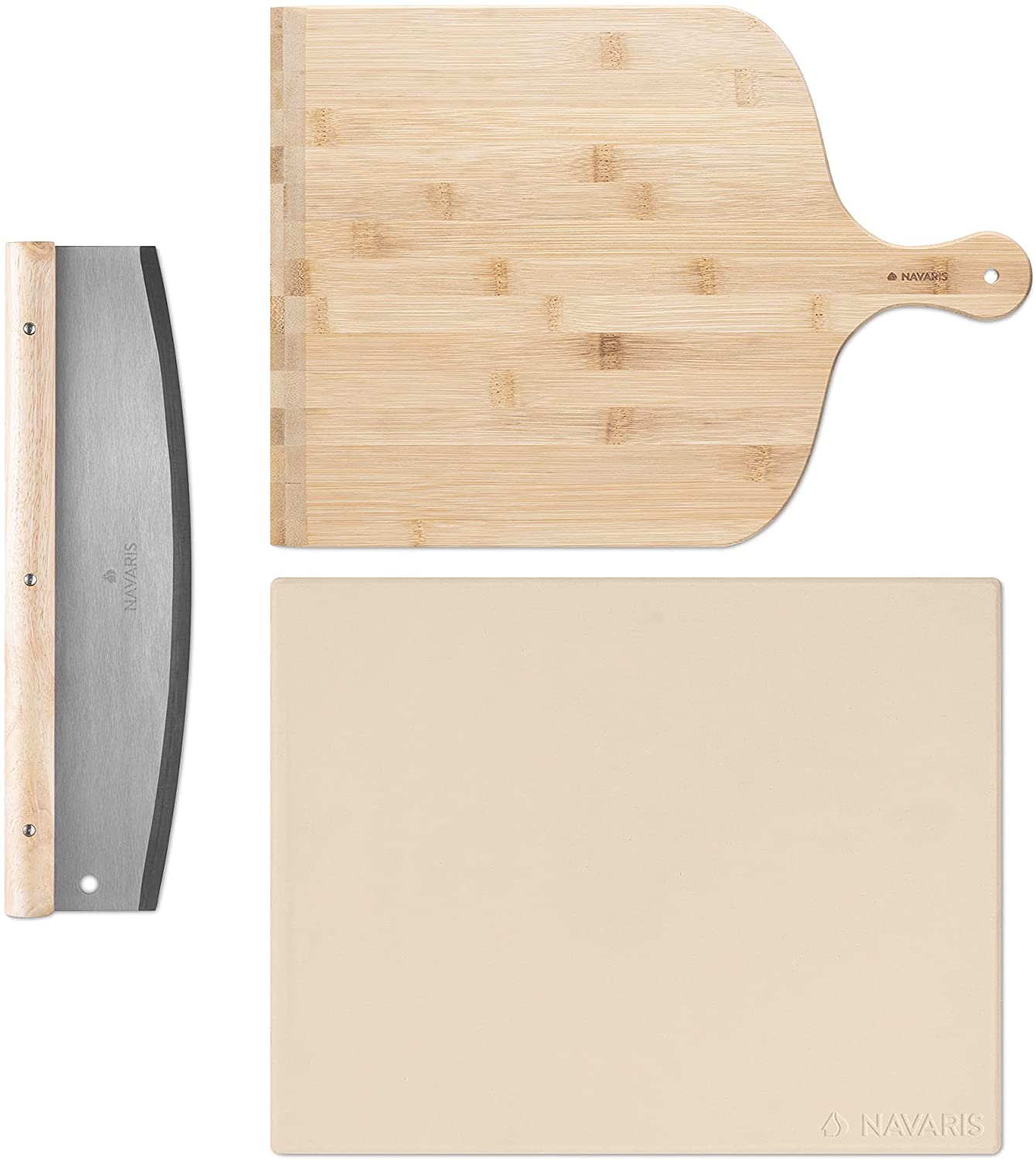 Navaris Σετ Πέτρα Ψησίματος με Ξύλινο Φτυάρι Πίτσας και Μαχαίρι Mezzaluna - 53326.01