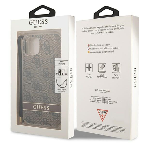 Guess iPhone 14 4G Print Strap Σκληρή Θήκη με Πλαίσιο Σιλικόνης και Λουράκι - Brown - GUOHCP14SH4STW