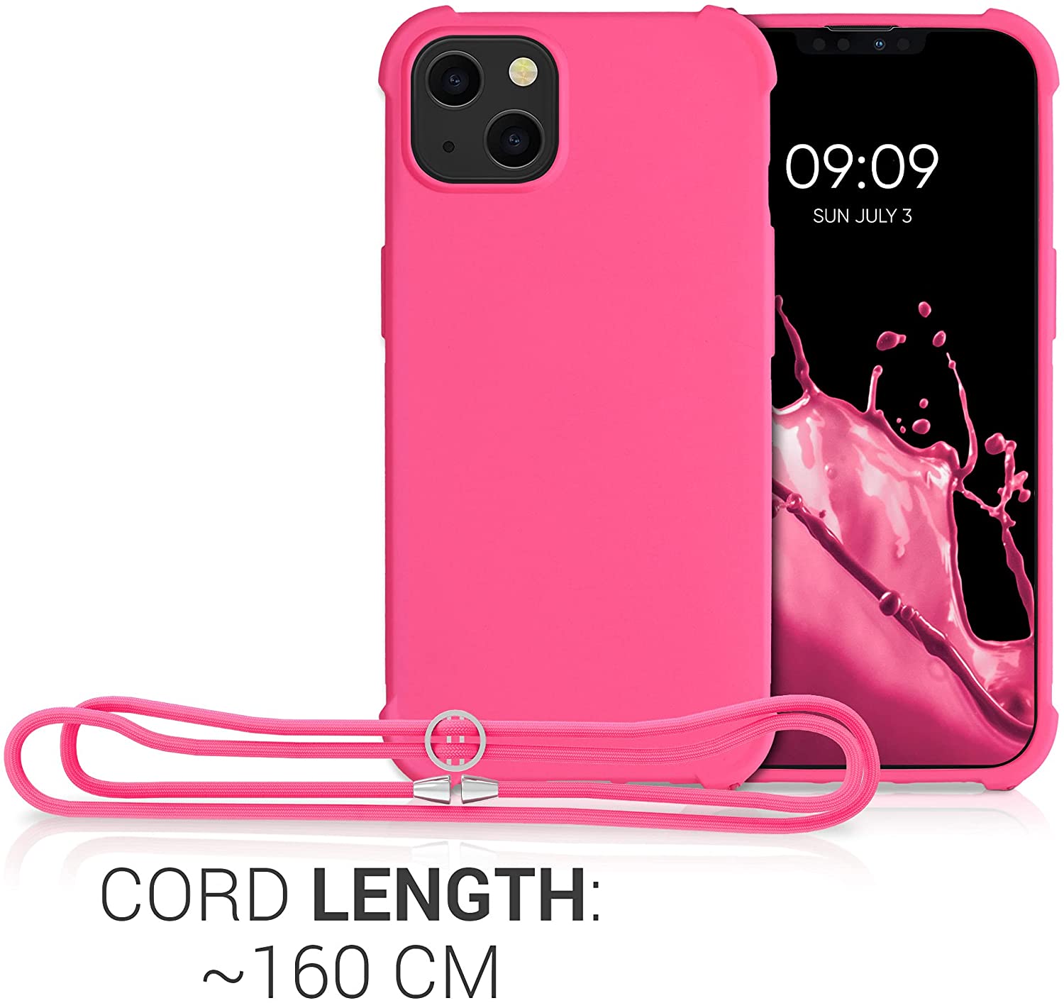 KW iPhone 13 Θήκη Σιλικόνης TPU με Λουράκι - Neon Pink - 55950.77