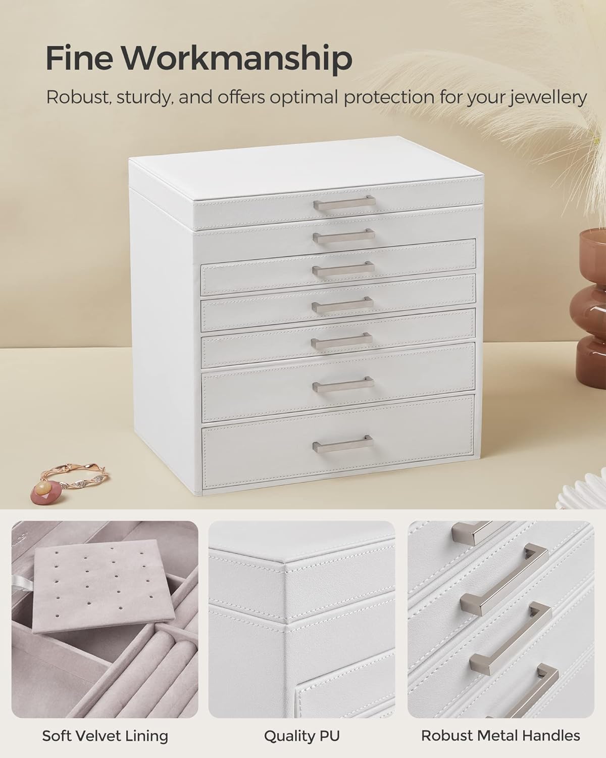 Songmics Κουτί Αποθήκευσης Κοσμημάτων 6 Επιπέδων με 5 Συρτάρια και Καθρέπτη - White - JBC138