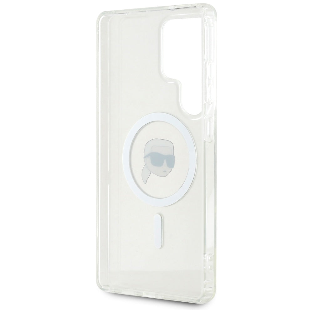 Karl Lagerfeld Samsung Galaxy S25 Ultra - Button Karl Head Printed Logo - MagSafe Σκληρή Θήκη με Πλαίσιο Σιλικόνης - White - KLHMS25LHLSKIH