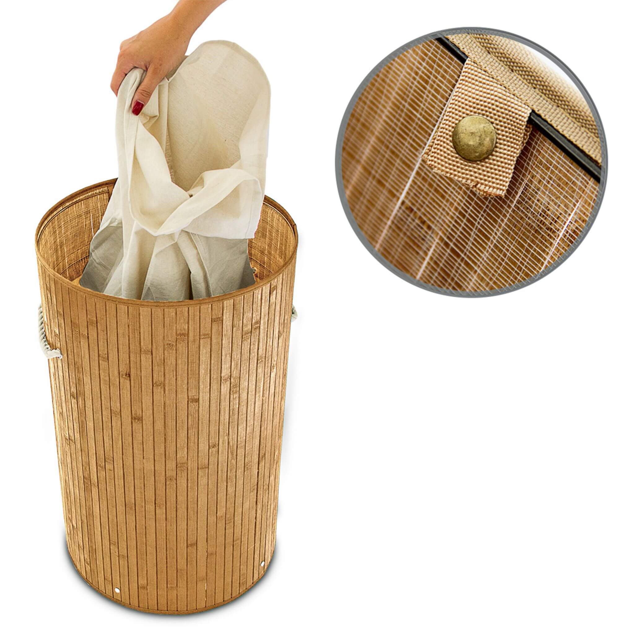 Relaxdays Πτυσσόμενο Στρόγγυλο Καλάθι Απλύτων από Μπαμπού με Καπάκι - Light Brown / White - 4052025046767