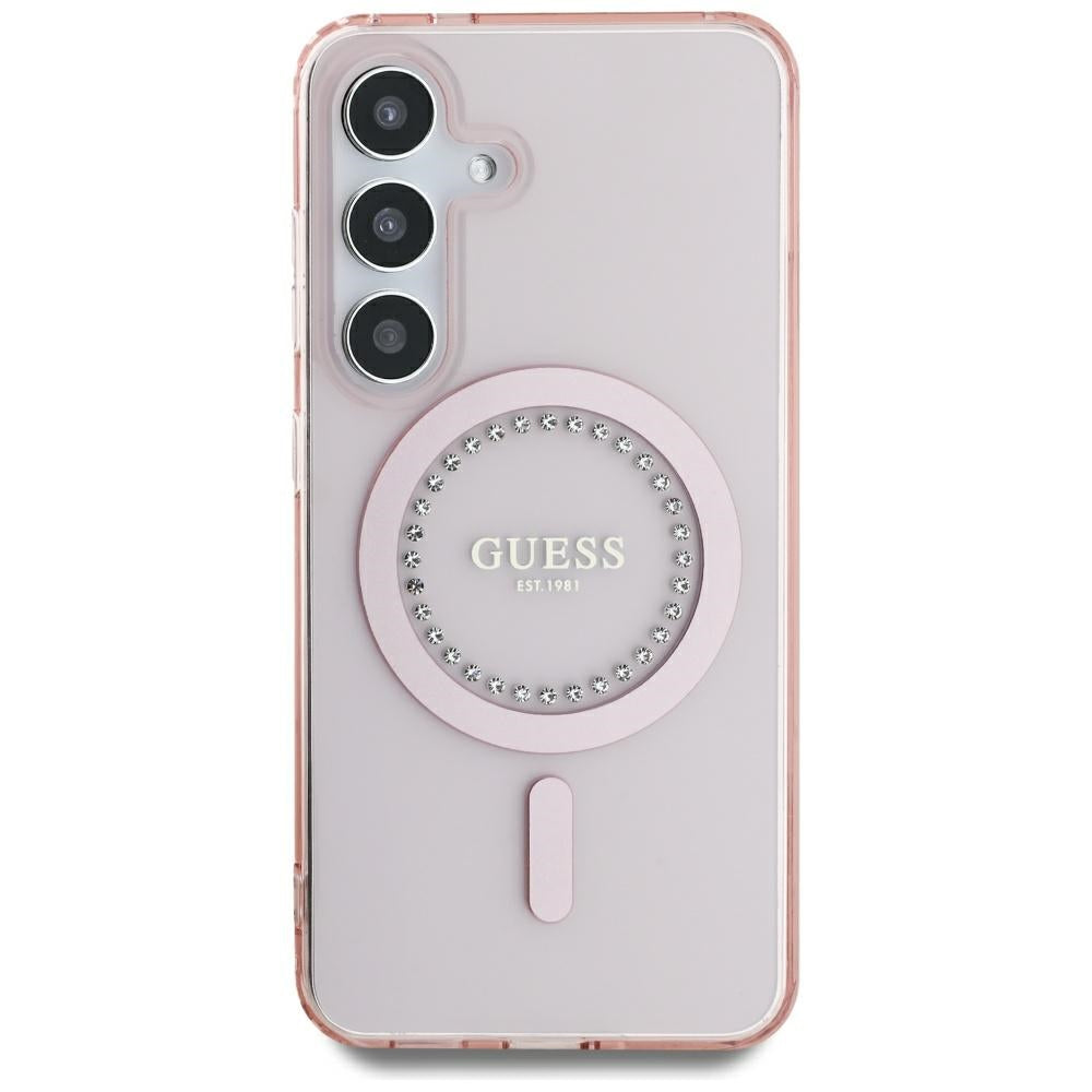 Guess Samsung Galaxy S25 - Rhinestones Printed Classic Logo - MagSafe Σκληρή Θήκη με Πλαίσιο Σιλικόνης - Pink - GUHMS25SPFTDTEP
