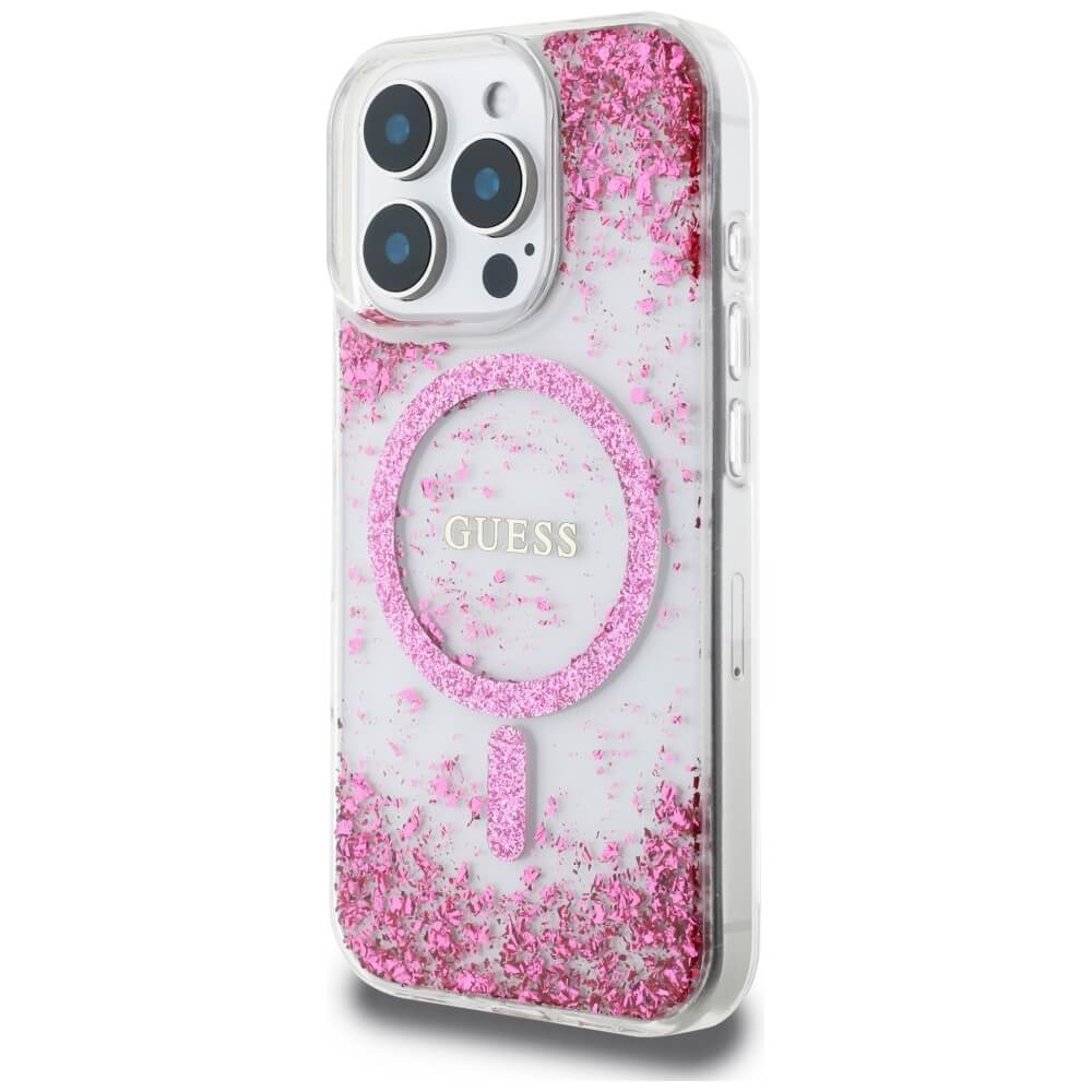 Guess iPhone 16 Pro - HC Resin Bottom Glitter - MagSafe Σκληρή Θήκη με Πλαίσιο Σιλικόνης - Pink - GUHMP16LRGRGEP