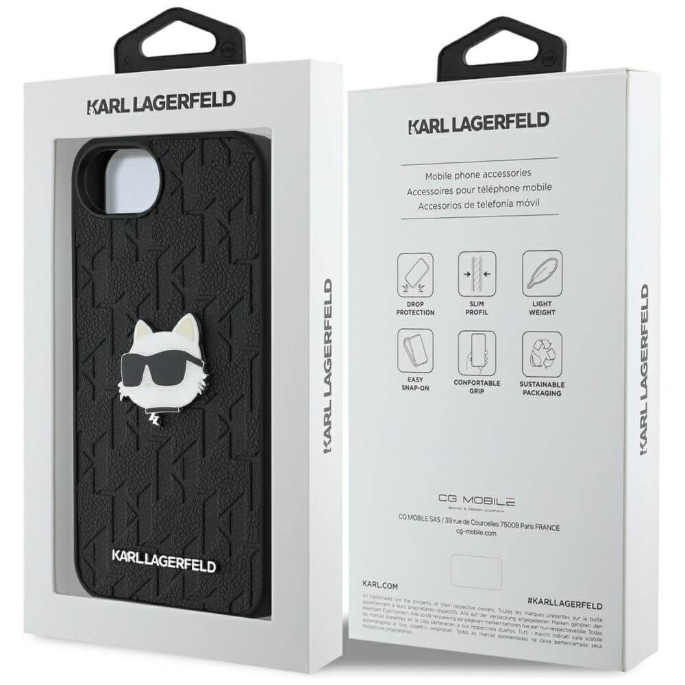 Karl Lagerfeld iPhone 16e - Monogram Choupette Head Pin Σκληρή Θήκη με Επένδυση Συνθετικού Δέρματος - Black - KLHCPSE4PGKLCHPK
