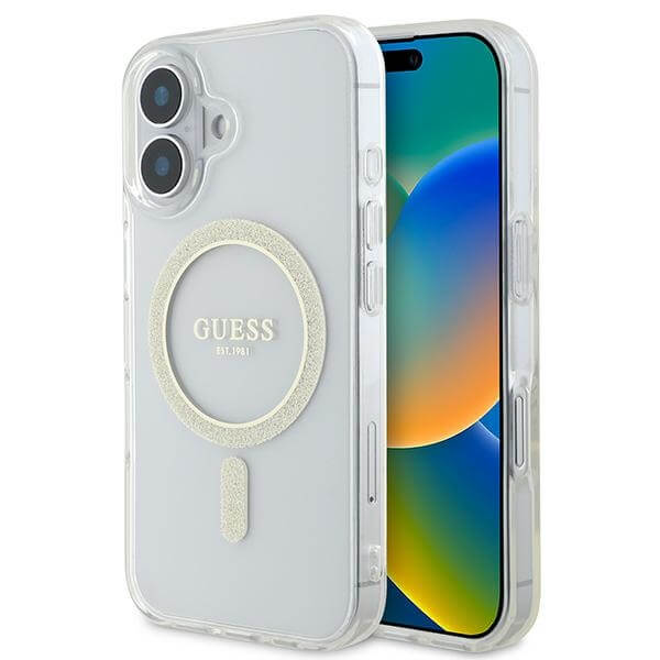 Guess iPhone 16 - IML Glitter Circle - MagSafe Σκληρή Θήκη με Πλαίσιο Σιλικόνης - Διάφανη - GUHMP16SHFGERET