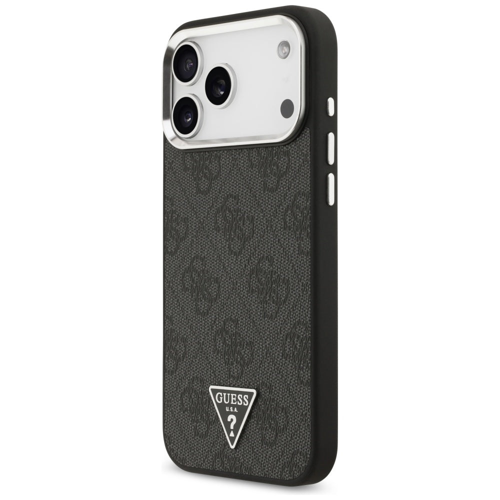 Guess iPhone 17 Pro Max - 4G Triangle Logo MagSafe - Σκληρή Θήκη με Πλαίσιο Σιλικόνης και Επένδυση Συνθετικού Δέρματος - Black / Silver - GUHMP17XP4TSRCMK