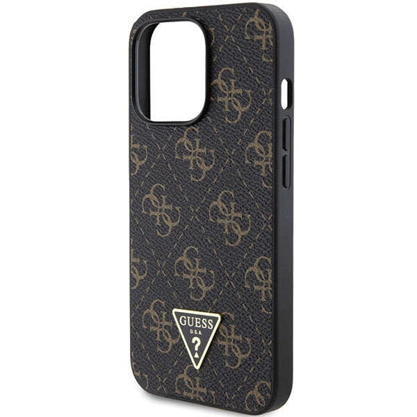 Guess iPhone 15 Pro Max - 4G Triangle Metal Logo Σκληρή Θήκη με Επένδυση Συνθετικού Δέρματος και Πλαίσιο Σιλικόνης - Black - GUHCP15XPG4GPK