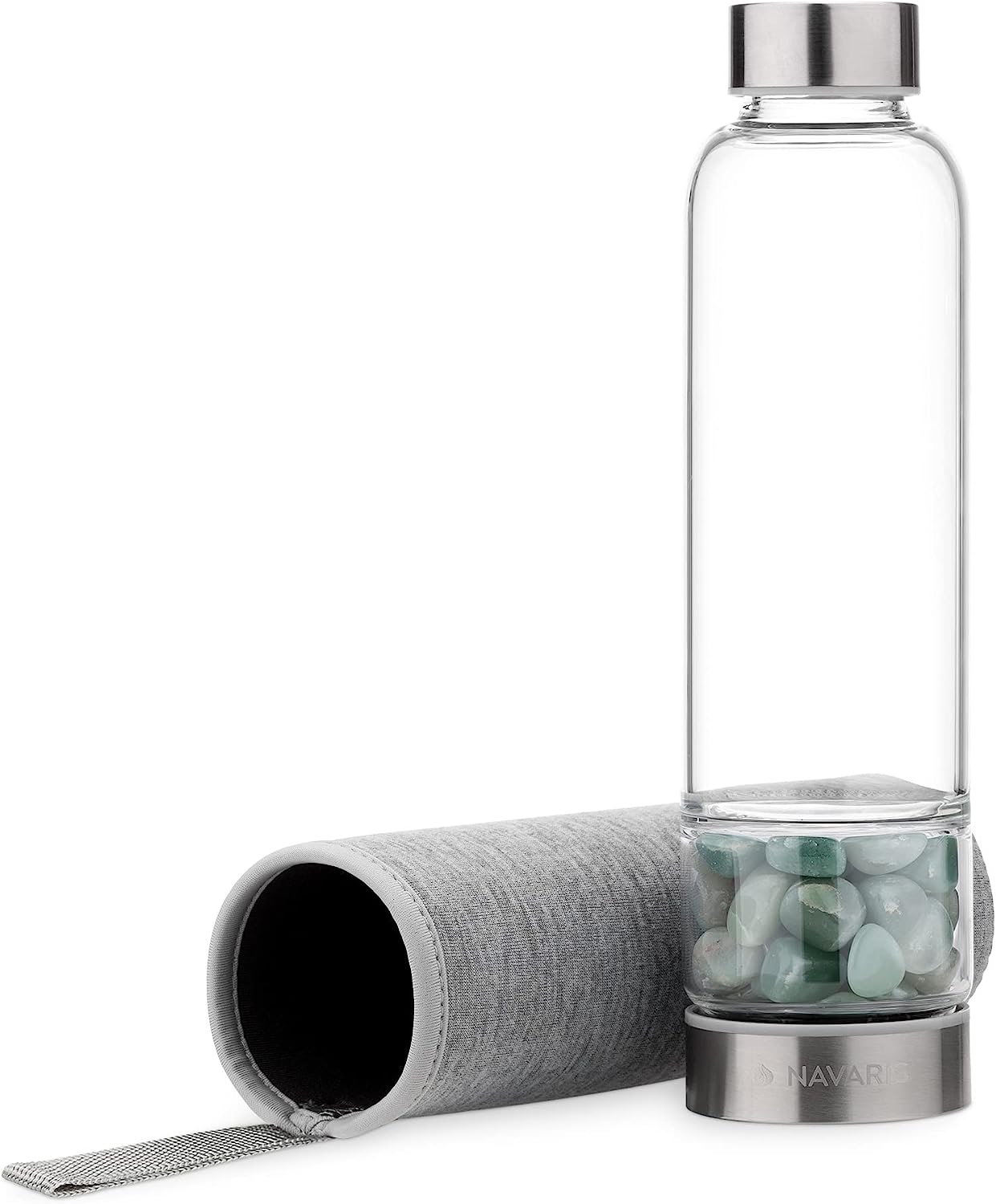 Navaris Γυάλινο Μπουκάλι Νερού με Πέτρες Αβεντουρίνης και Θήκη - BPA FREE - 420ml - Aventurine Stone - 53150.06