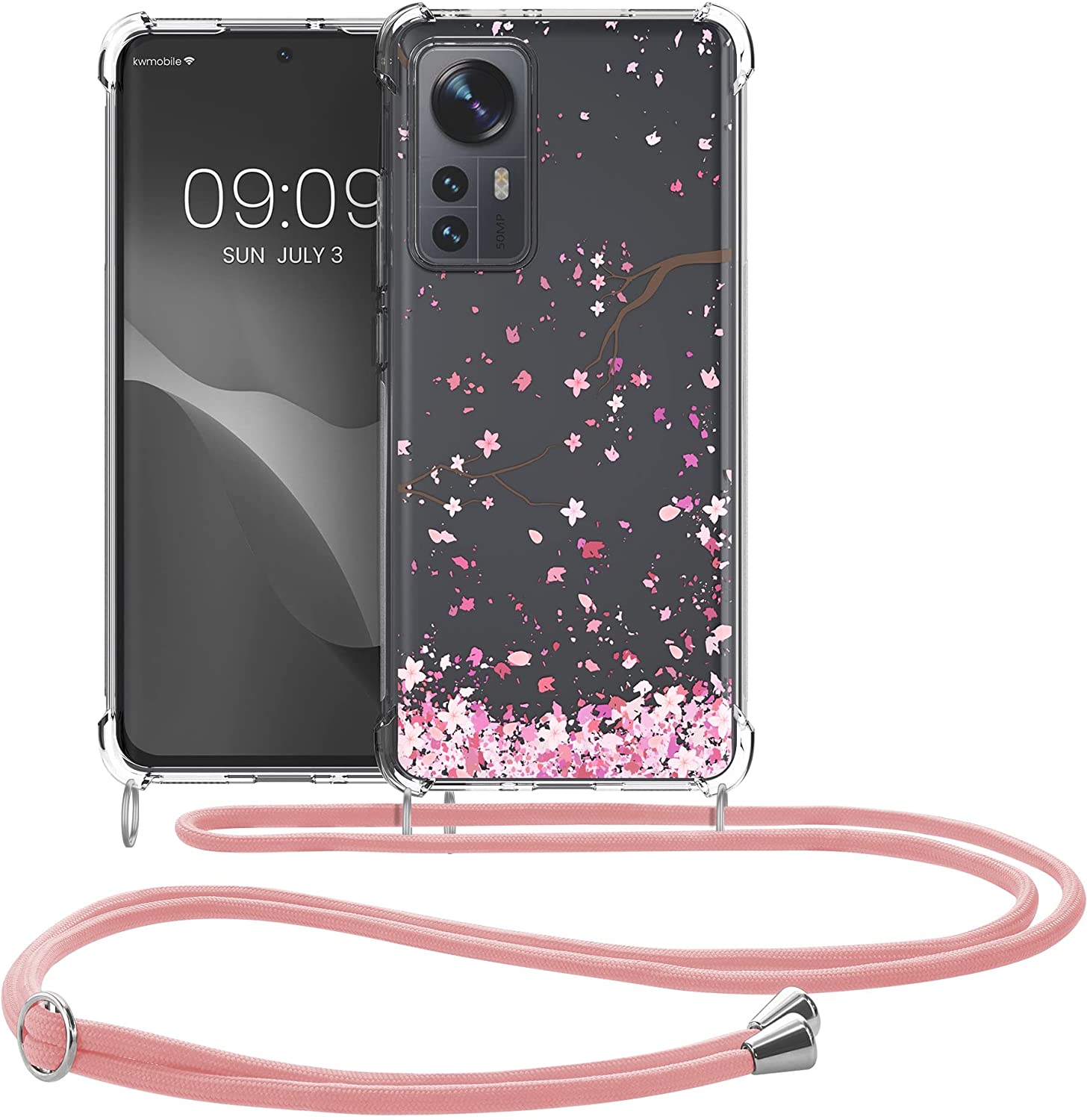 KW Xiaomi 12 / 12X Θήκη Σιλικόνης TPU με Λουράκι Design Cherry Blossoms - Pink / Dark Brown / Διάφανη - 58199.01