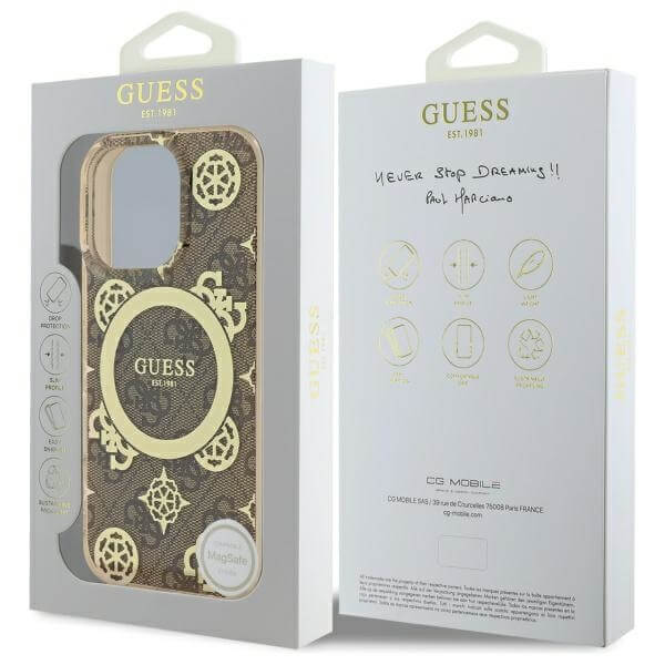 Guess iPhone 16 Pro - IML Peony On 4G Background MagSafe - Θήκη με Επένδυση Συνθετικού Δέρματος - Brown - GUHMP16LH4PYEEW