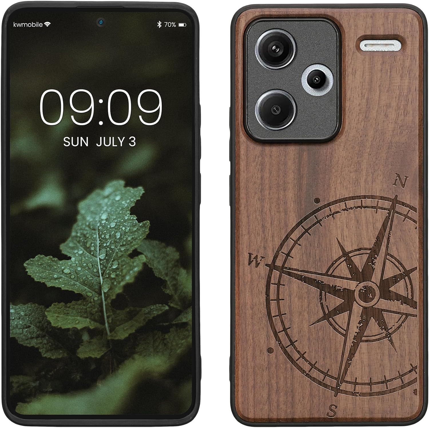 KW Xiaomi Redmi Note 13 Pro+ 5G Θήκη από Φυσικό Ξύλο - Design Navigational Compass - Dark Brown