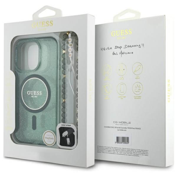 Guess iPhone 16 Pro Max - IML Glitter With Pearl Strap - MagSafe Σκληρή Θήκη με Πλαίσιο Σιλικόνης και Λουράκι - Green - GUHMP16XHGCRELSA