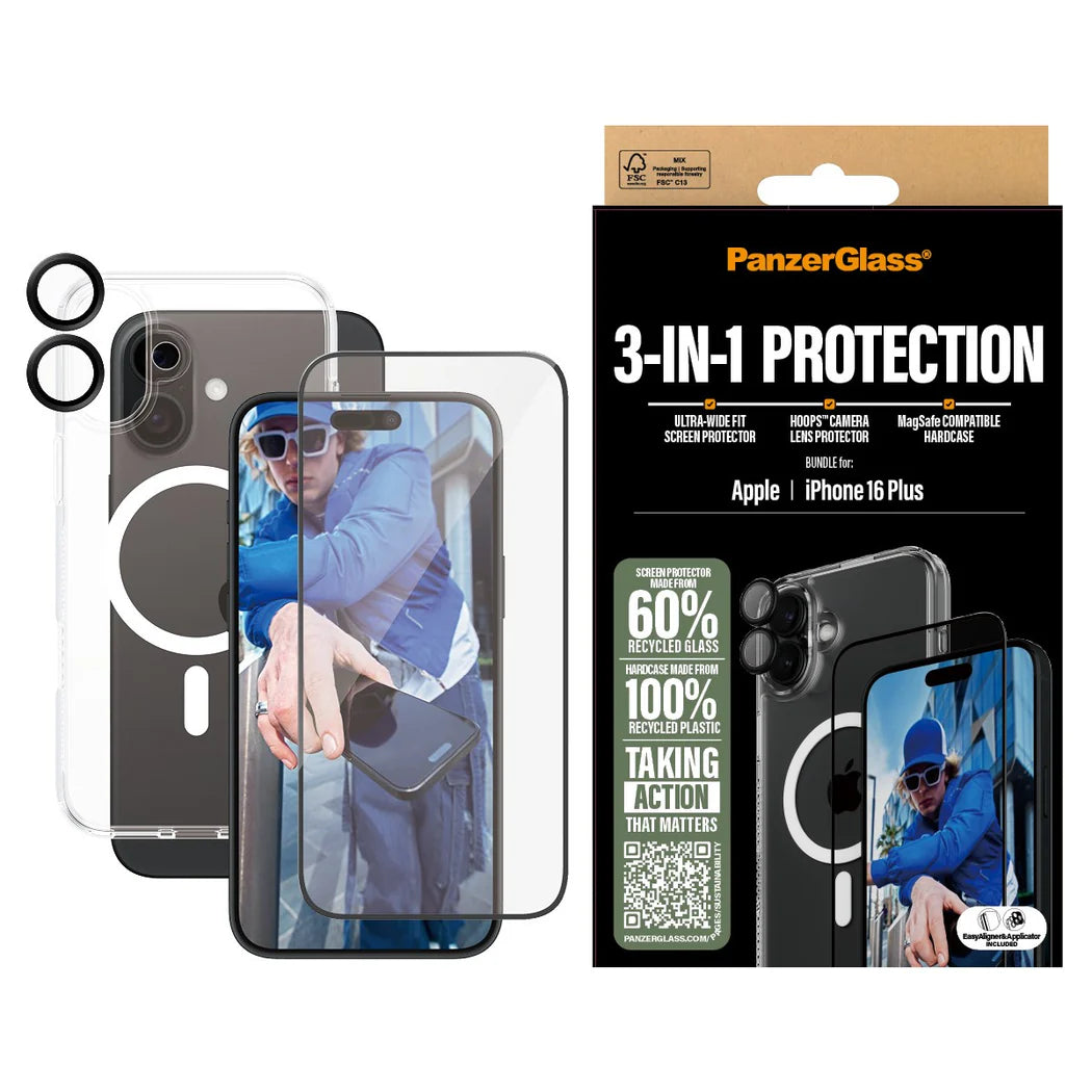 PanzerGlass iPhone 16 Plus - Σετ με 1 Αντιχαρακτικό Γυαλί Οθόνης Ultra-Wide Fit, 1 Αντιχαρακτικό Γυαλί για την Κάμερα και 1 Σκληρή Θήκη με MagSafe - Διάφανο