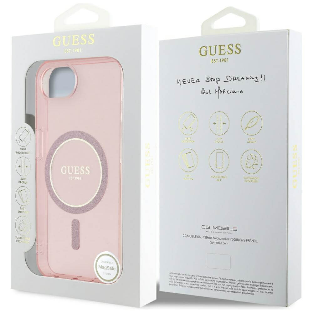 Guess iPhone 16e - IML Glitter Circle MagSafe - Σκληρή Θήκη με Πλαίσιο Σιλικόνης - Pink - GUHMPSE4HFGEREP