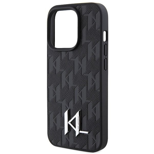 Karl Lagerfeld iPhone 15 Pro Max - Leather Monogram Hot Stamp Metal Logo Σκληρή Θήκη με Επένδυση Συνθετικού Δέρματος και Πλαίσιο Σιλικόνης - Black - KLHCP15XPKLPKLK