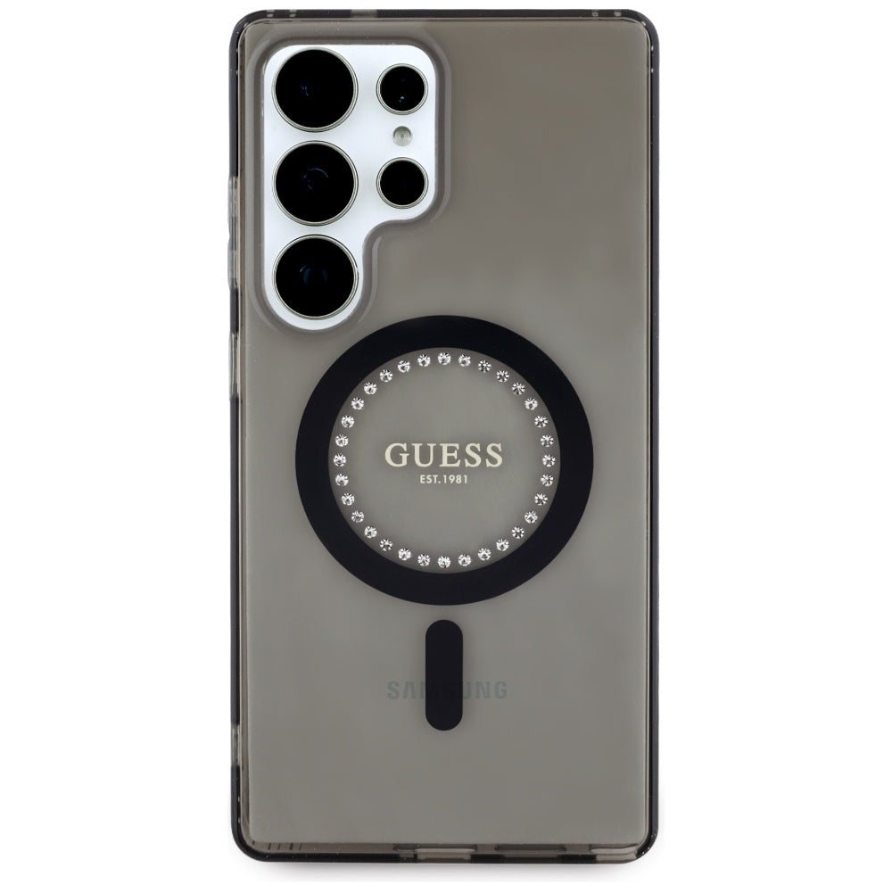 Guess Samsung Galaxy S25 Ultra - Rhinestones Printed Classic Logo - MagSafe Σκληρή Θήκη με Πλαίσιο Σιλικόνης - Black - GUHMS25LPFTDTEK