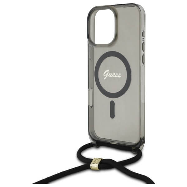 Guess iPhone 16 Pro Max - Crossbody Cord Script MagSafe - Σκληρή Θήκη με Πλαίσιο Σιλικόνης και Λουράκι - Black - GUHMP16XHCTSGNSK