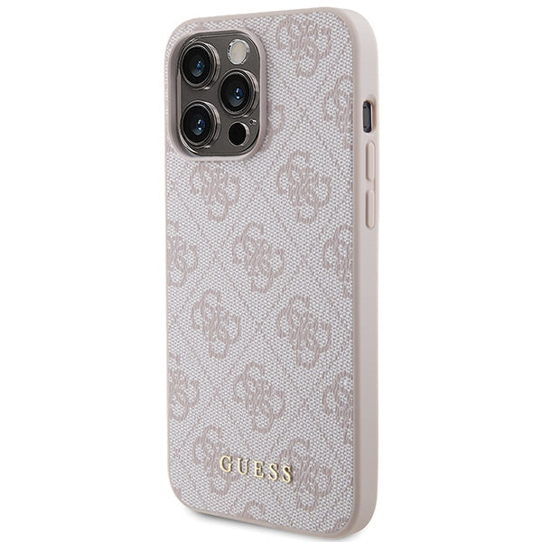 Guess iPhone 15 Pro Max - 4G Metal Gold Logo Σκληρή Θήκη με Επένδυση Συνθετικού Δέρματος - Pink - GUHCP15XG4GFPI