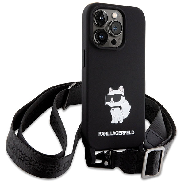 Karl Lagerfeld iPhone 15 Pro Max Crossbody Silicone Choupette Σκληρή Θήκη με Πλαίσιο Σιλικόνης και Λουράκι - Black - KLHCP15XSCBSCNK