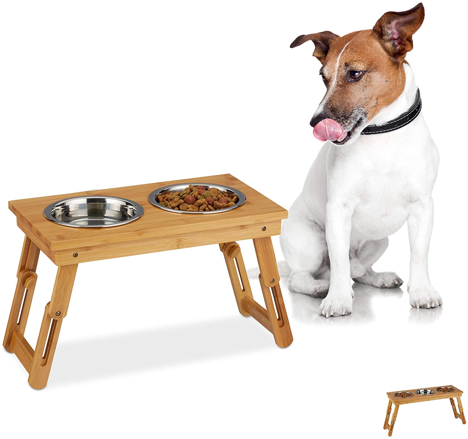 Relaxdays Foldable Bowl Stand - Αναδιπλούμενο Σταντ με 2 Μπολ για Νερό και Τροφή - 700 ml - Natural - 4052025916091