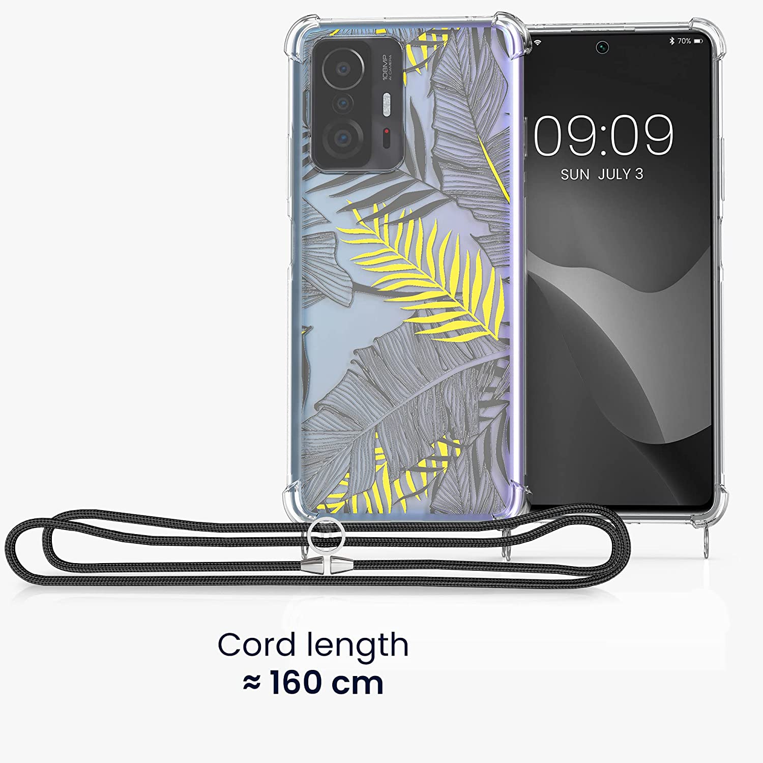 KW Xiaomi 11T / 11T Pro Θήκη Σιλικόνης TPU με Λουράκι Design Palm Leaves - Gold / Grey / Διάφανη - 56522.01