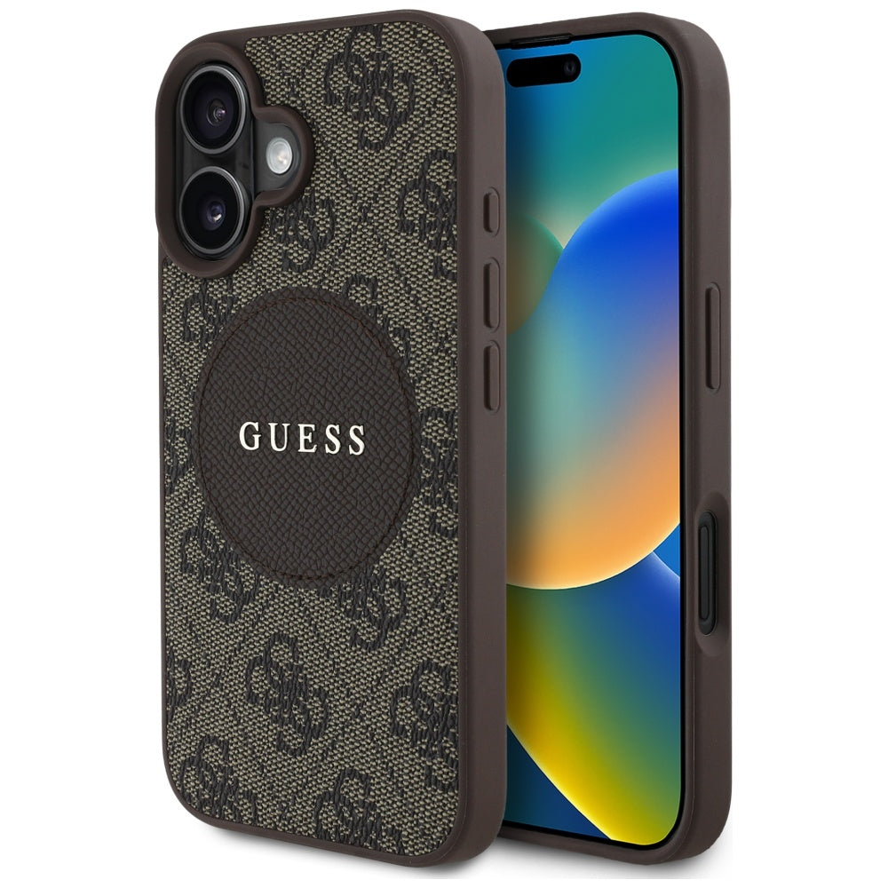 Guess iPhone 16 - 4G Circle Classic Logo - MagSafe Θήκη με Επένδυση Συνθετικού Δέρματος - Brown - GUHMP16SP4PGRSGW