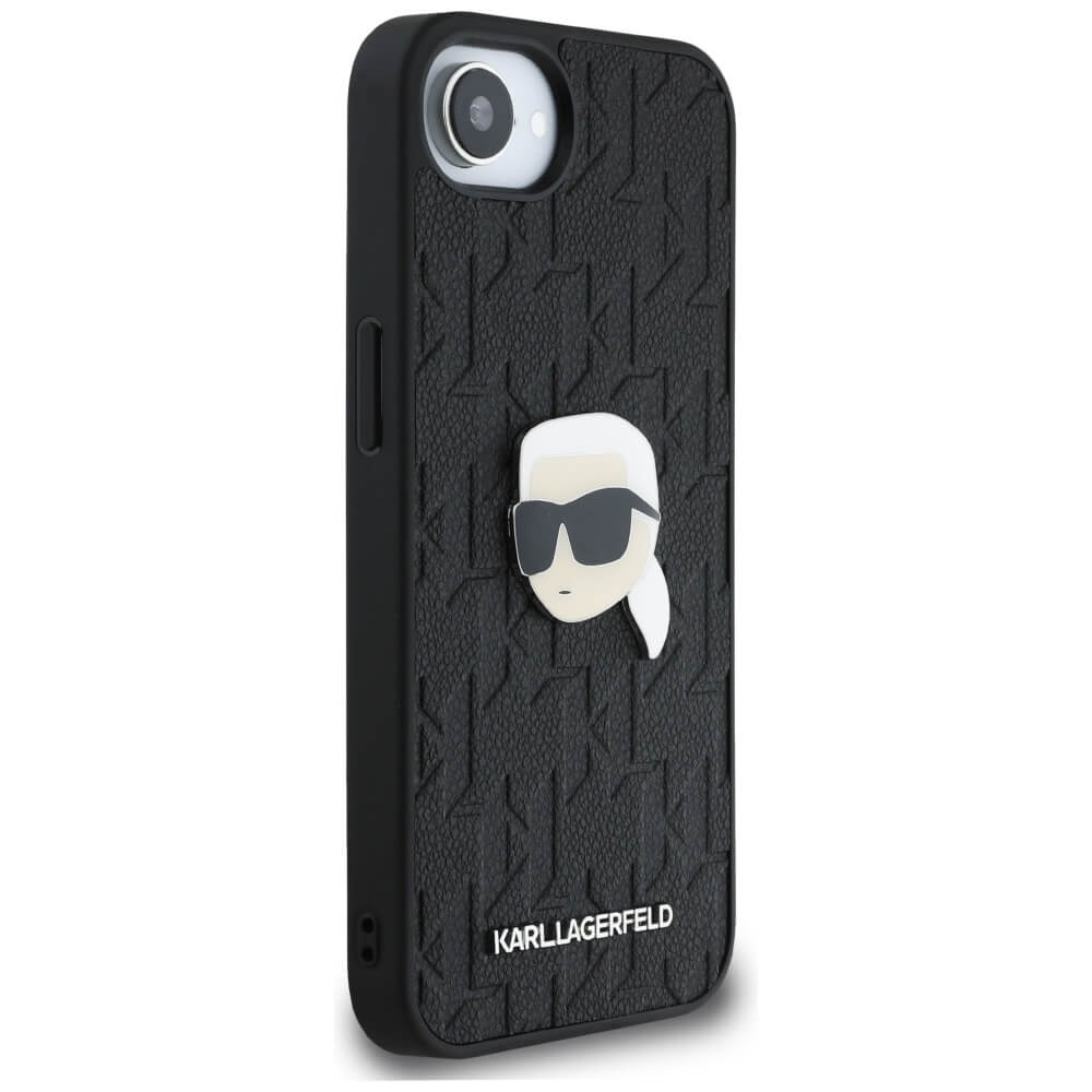 Karl Lagerfeld iPhone 16e - Monogram Karl Head Pin Σκληρή Θήκη με Επένδυση Συνθετικού Δέρματος - Black - KLHCPSE4PGKLKIPK - likebrands.gr