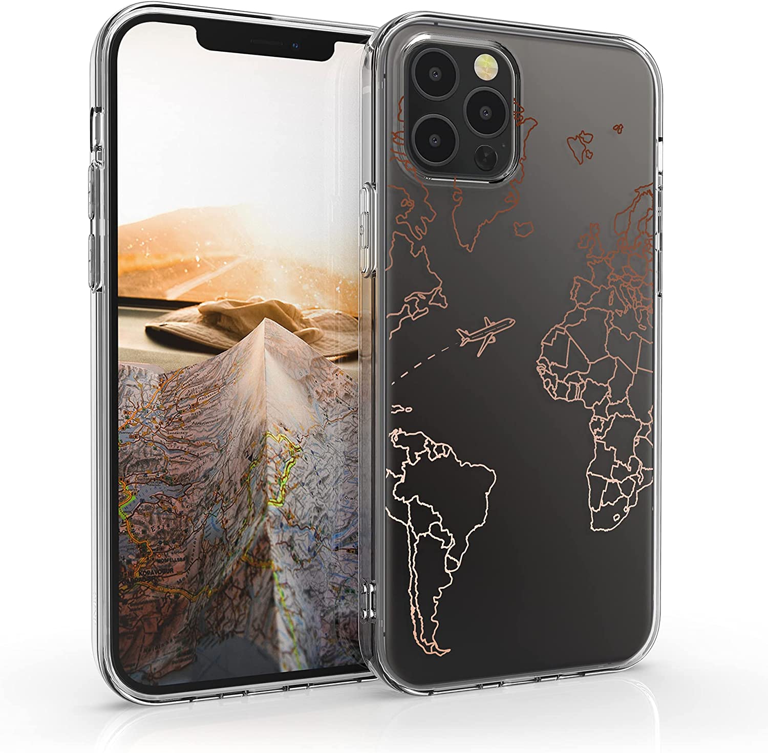 KW iPhone 12 Pro Max Θήκη Σιλικόνης TPU Design Travel Aeroplane - Rose Gold / Διάφανη - 53037.05