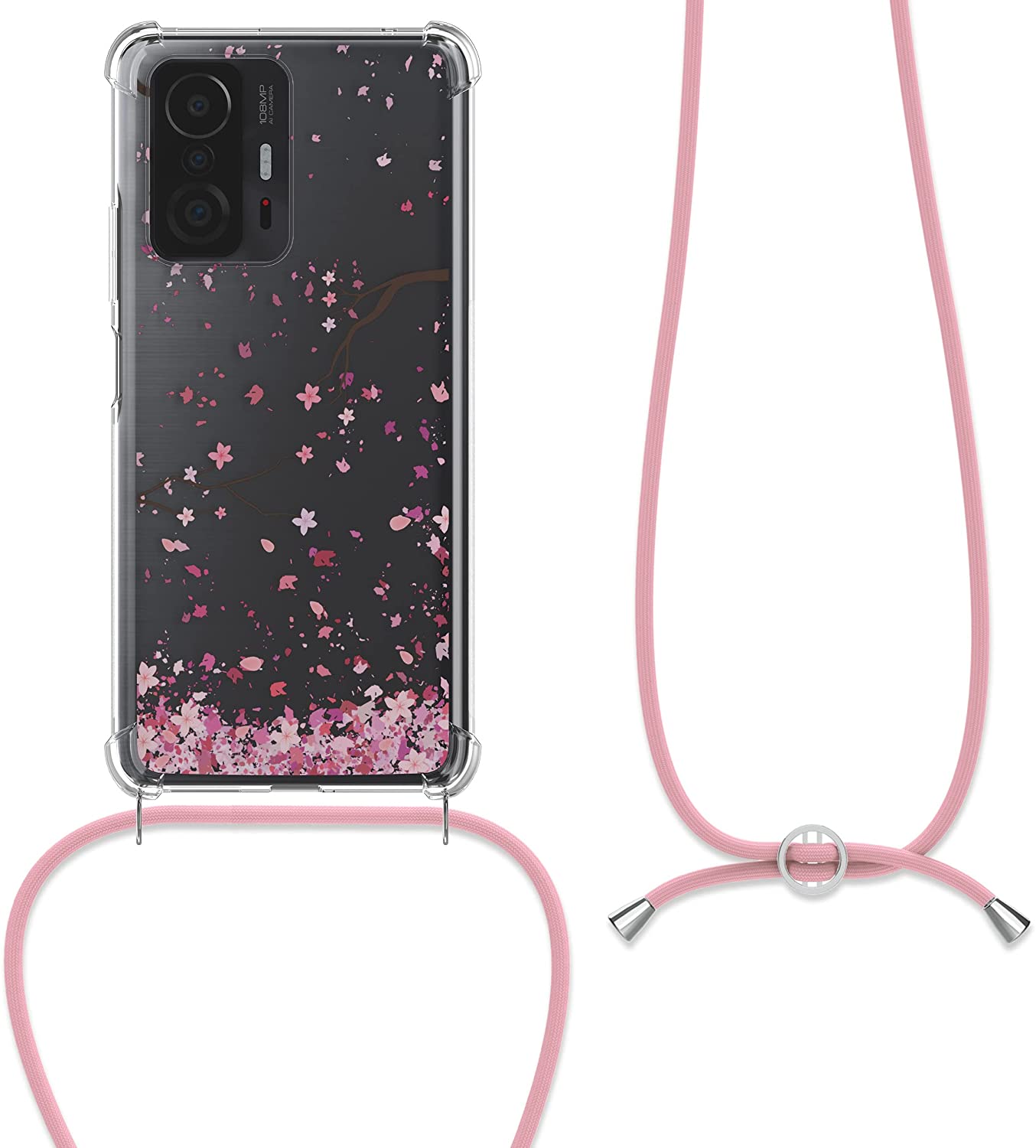 KW Xiaomi 11T / 11T Pro Θήκη Σιλικόνης TPU με Λουράκι Design Cherry Blossoms - Pink / Dark Brown / Διάφανη - 56522.03