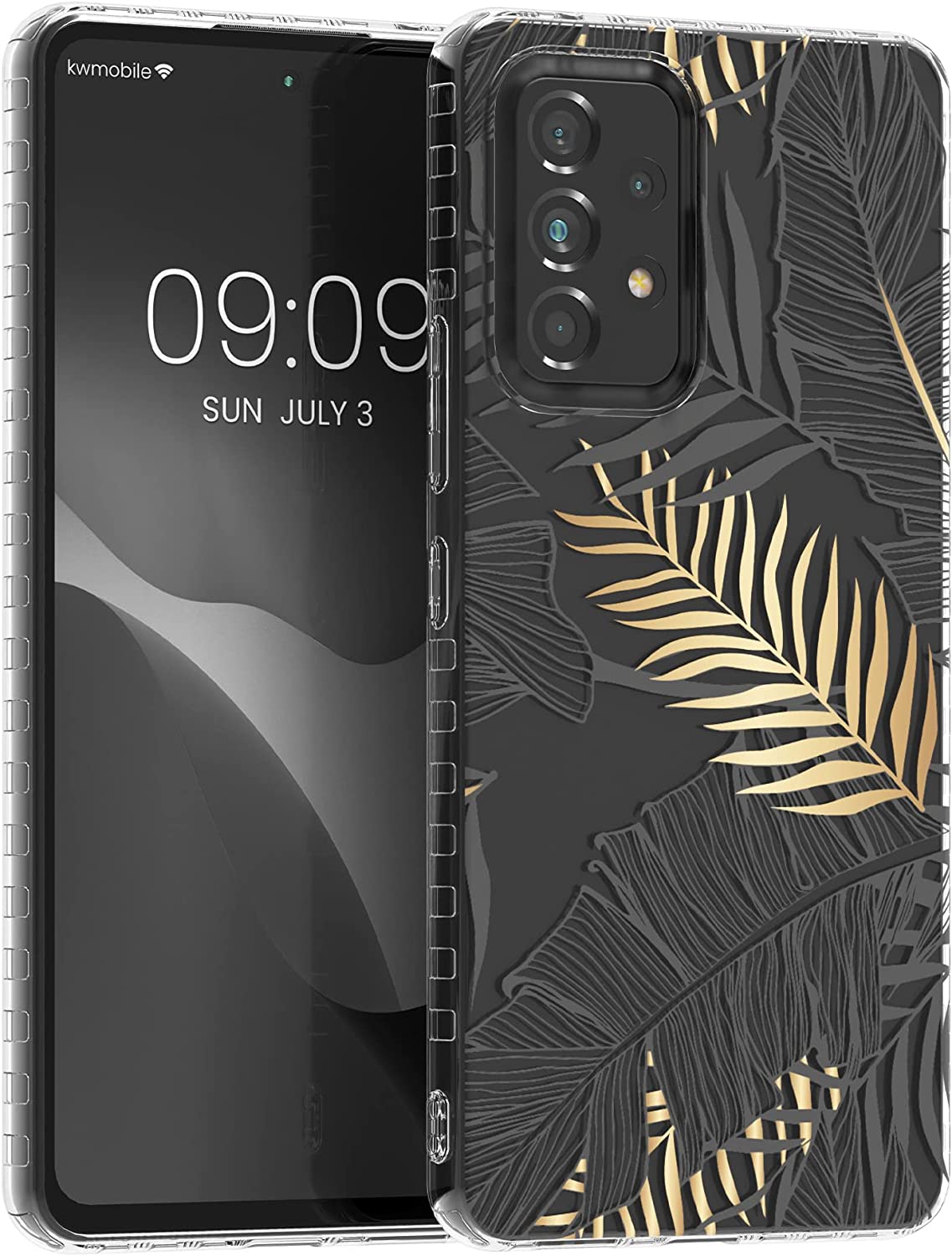 KW Samsung Galaxy A53 5G Σκληρή Θήκη με Πλαίσιο Σιλικόνης - Design Palm Leaves - Διάφανη / Gold / Grey - 58368.01