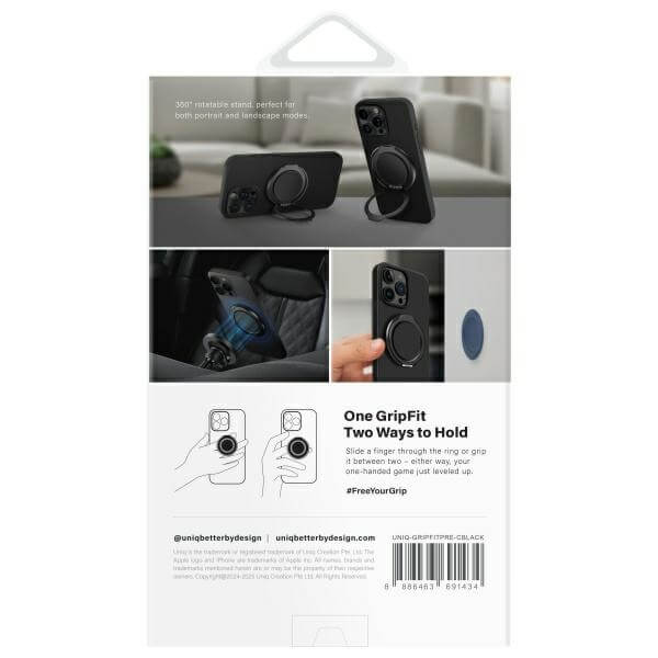 Uniq GripFit Premium 360 Ring Holder - Μαγνητικό Δαχτυλίδι Συγκράτησης Κινητού / Βάση Στήριξης - Carbon Black